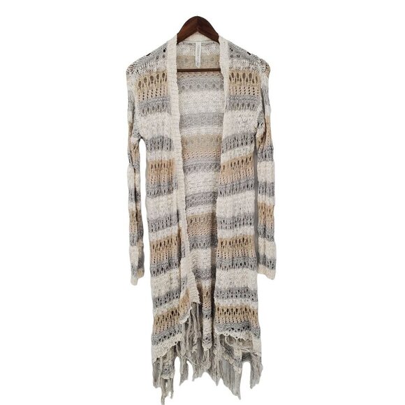 Aeropostale Womens Striped Open Knit Duster Cardigan Size S Fringe Bohemian Boho - Picture 1 of 10